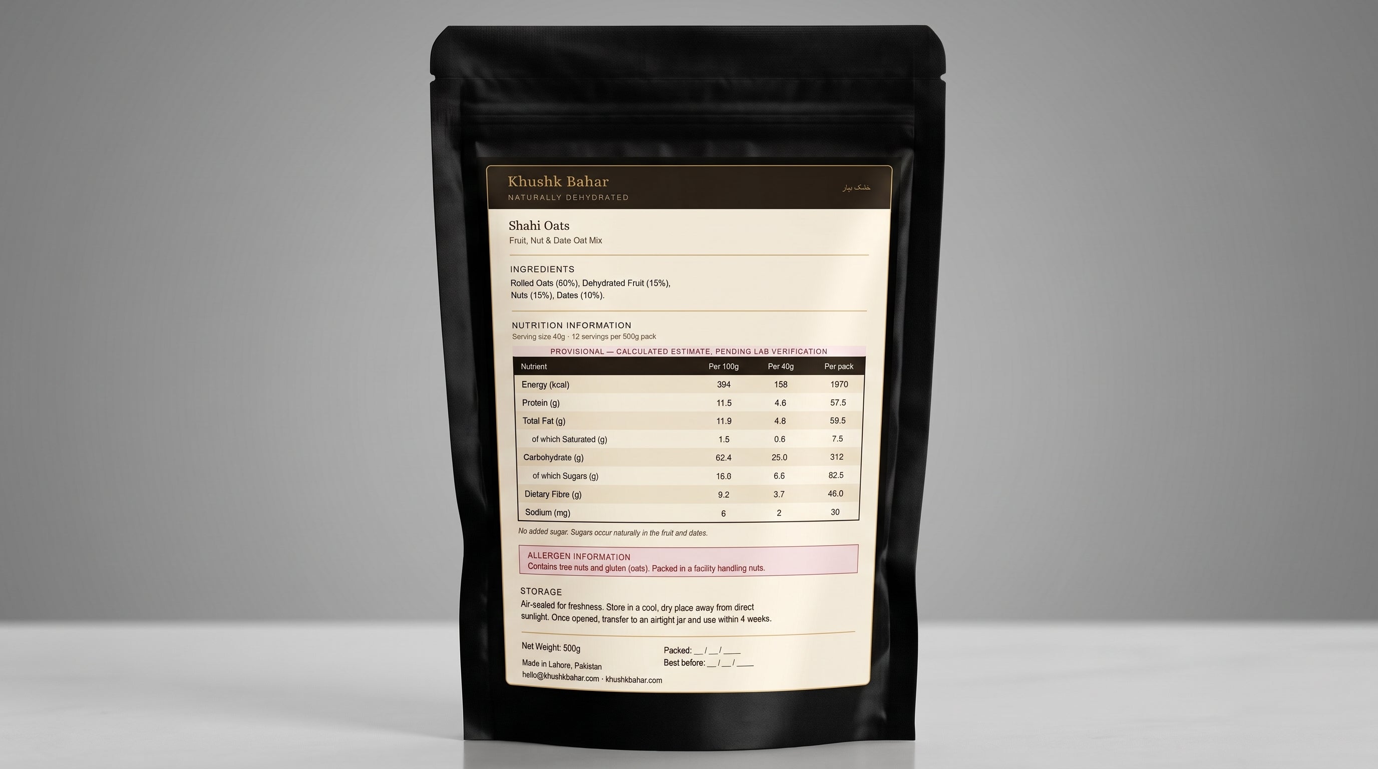 Shahi Oats pack showing wholegrain oats, dried apricot, banana and dates through the window
