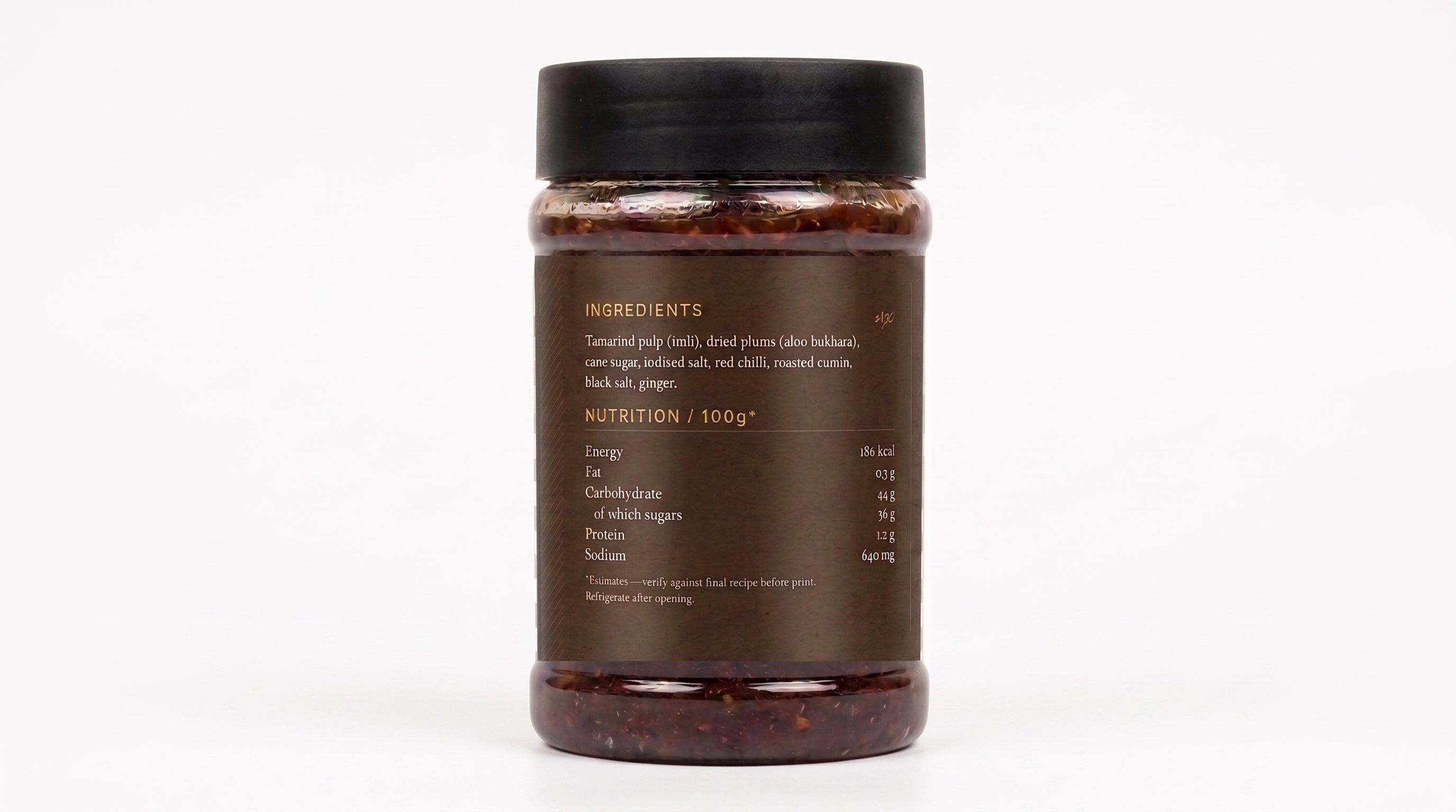 Shahi Imli Alu Bukhara Chutney jar showing ingredients and nutrition panel