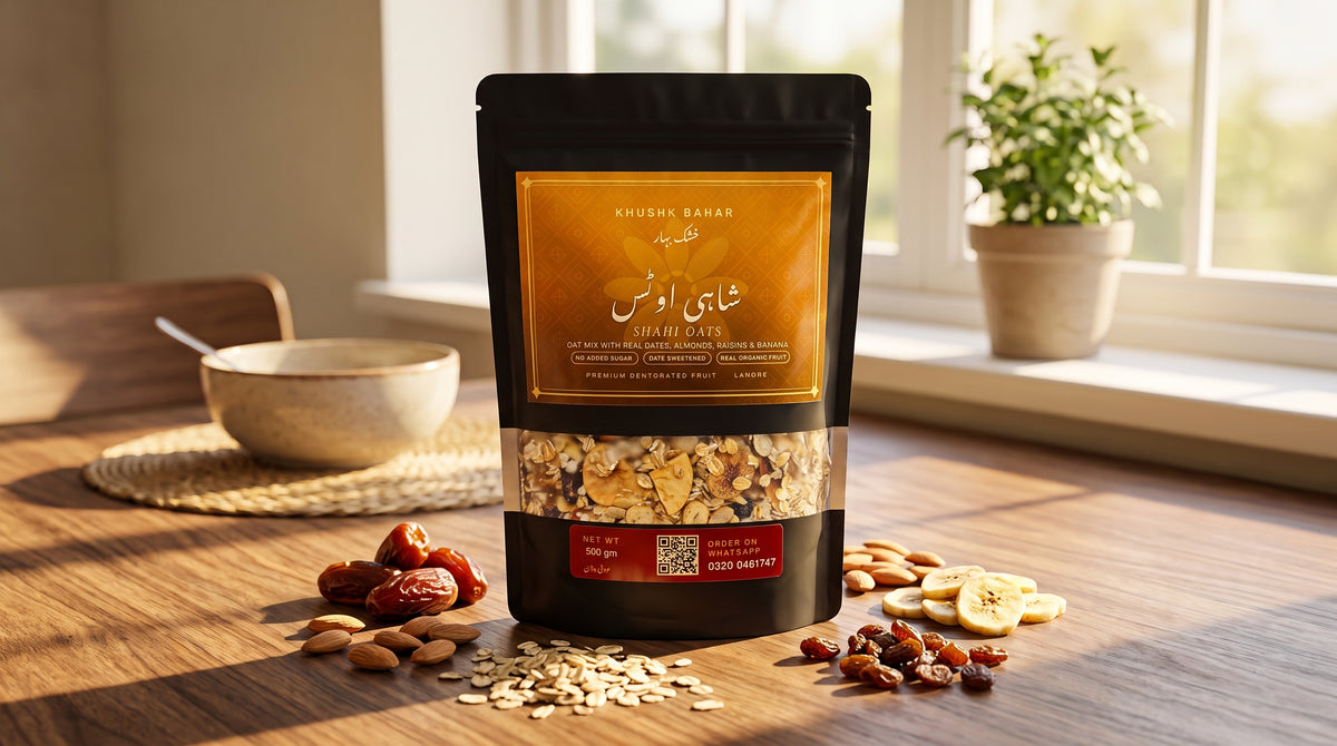 Shahi Oats fruit, nut and date oat mix pouch standing on a wooden table